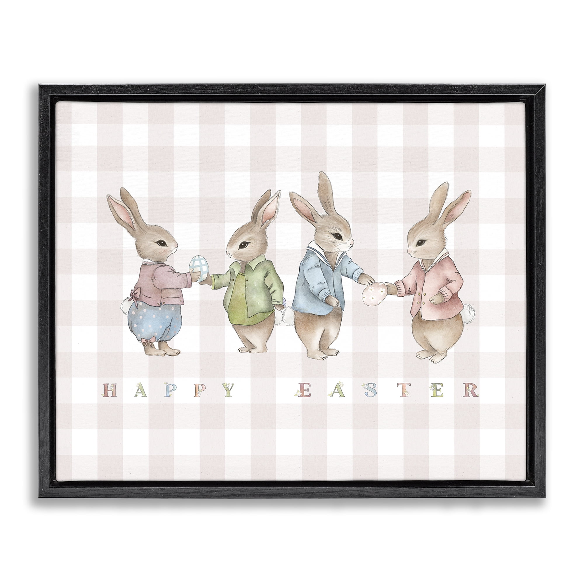 Stupell Industries Easter Bunnies Pink Gingham Black Framed Floater Canvas Wall Art, design by Leah Straatsma