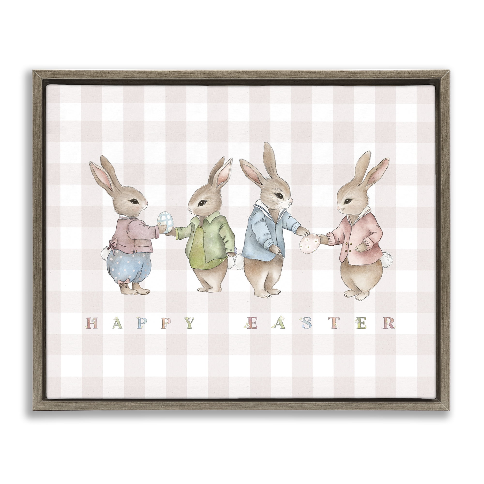 Stupell Industries Easter Bunnies Pink Gingham Brown Framed Floater Canvas Wall Art, design by Leah Straatsma