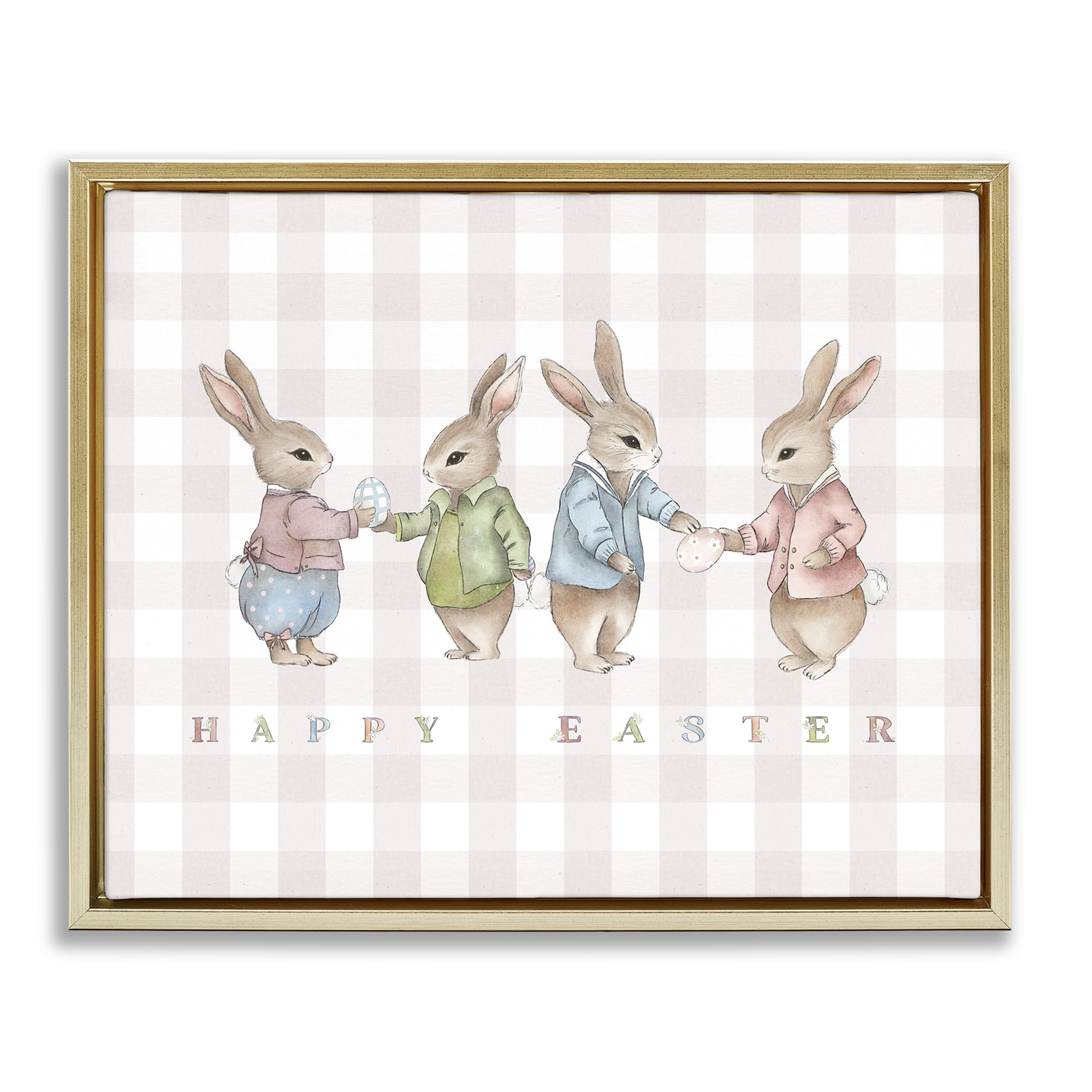 Stupell Industries Easter Bunnies Pink Gingham Gold Framed Floater Canvas Wall Art, design by Leah Straatsma