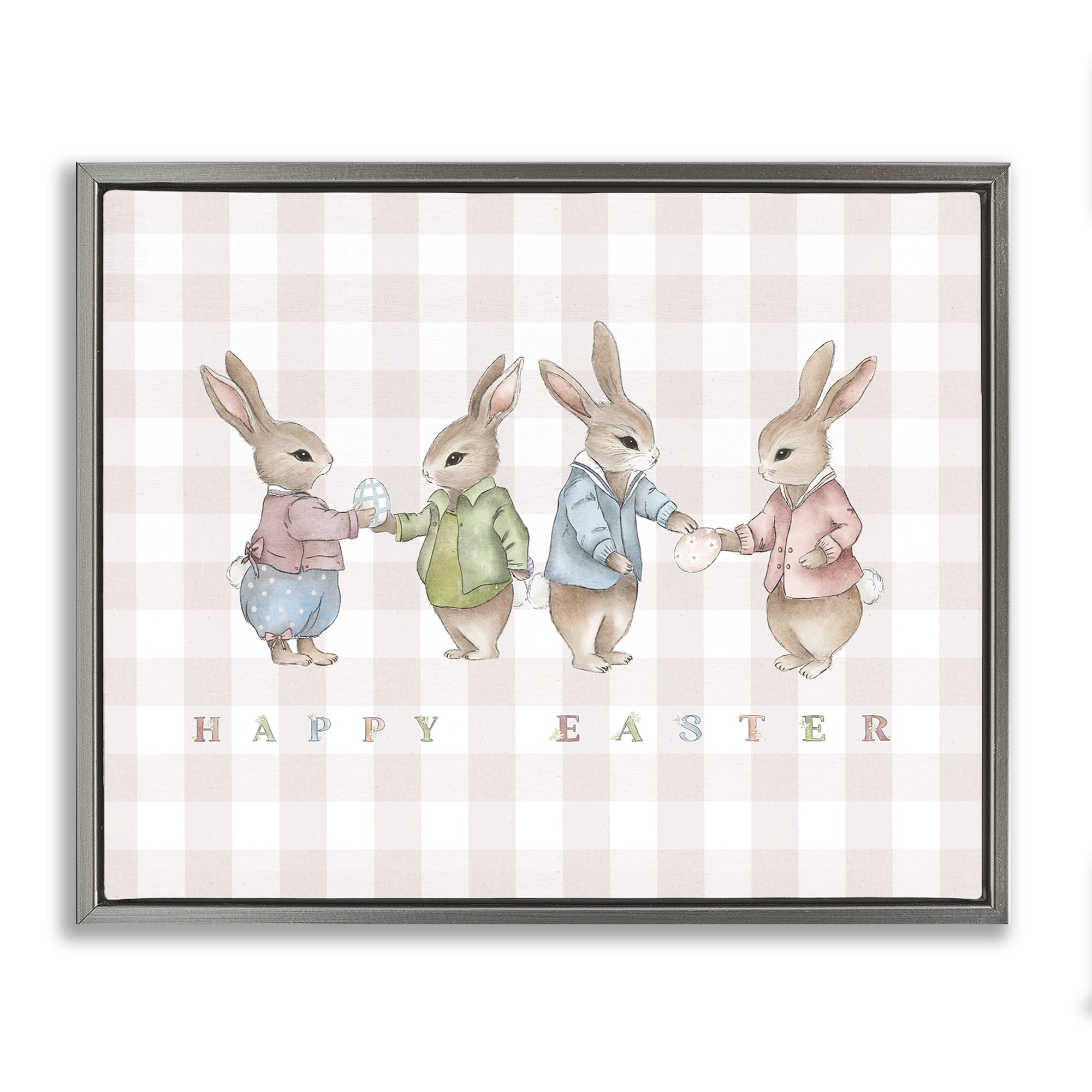 Stupell Industries Easter Bunnies Pink Gingham Gray Framed Floater Canvas Wall Art, design by Leah Straatsma
