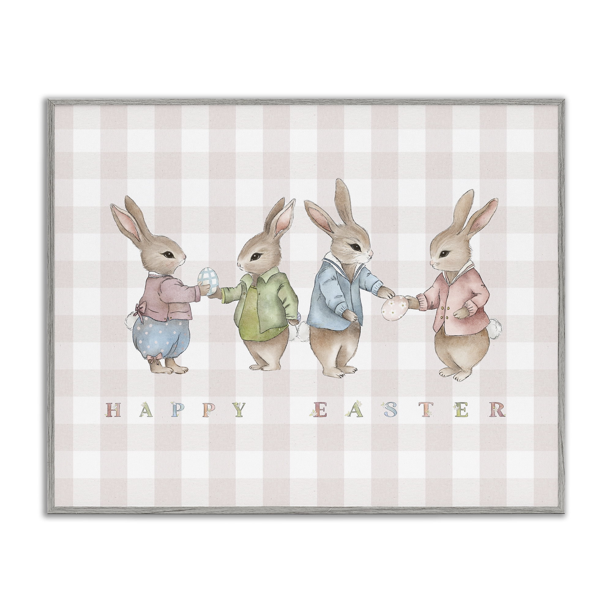 Stupell Industries Easter Bunnies Pink Gingham Gray Framed Giclee Art, design by Leah Straatsma