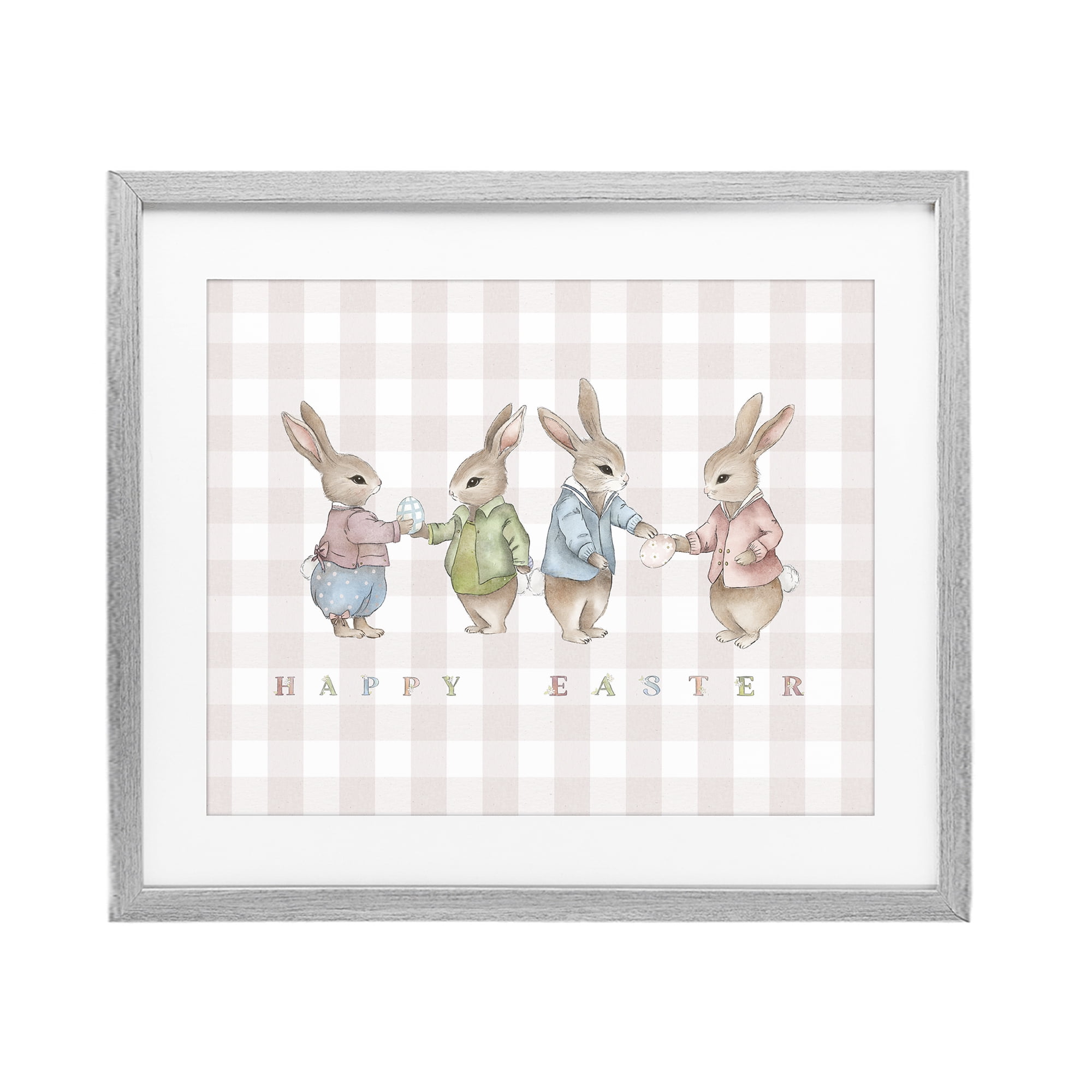 Stupell Industries Easter Bunnies Pink Gingham Gray Framed Print Under Glass, design by Leah Straatsma