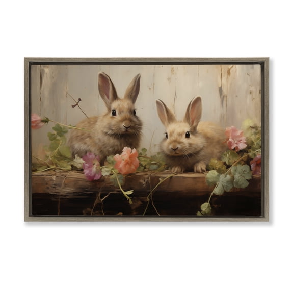 Easter Bunnies with Garden Blooms Brown Floating Frame Canvas Art, 25 x 17, Made In USA