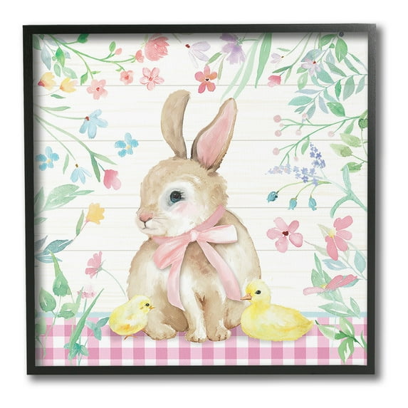 Stupell Industries Easter Bunny & Chicks Holiday Painting Black Framed Art Print Wall Art, 12 x 12