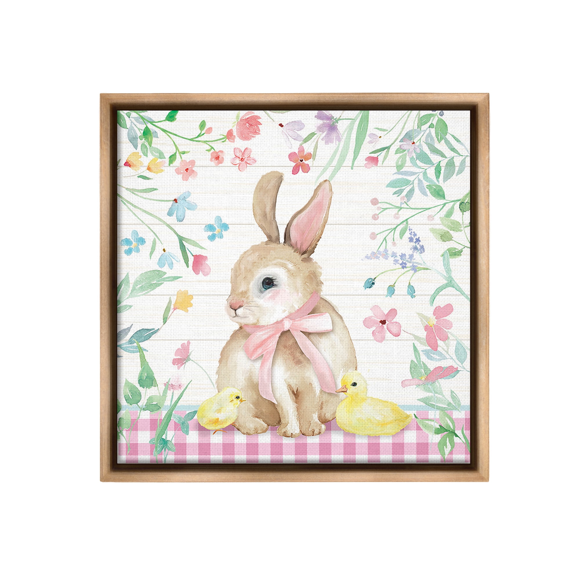 Stupell Industries Easter Bunny & Chicks Holiday Painting Brown Floater Framed Canvas Art Print Wall Art, 18 x 18