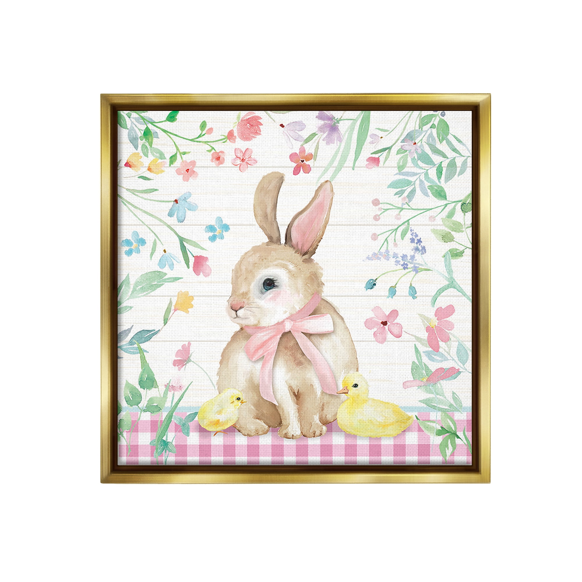 Stupell Industries Easter Bunny & Chicks Holiday Painting Gold Floater Framed Canvas Art Print Wall Art, 18 x 18