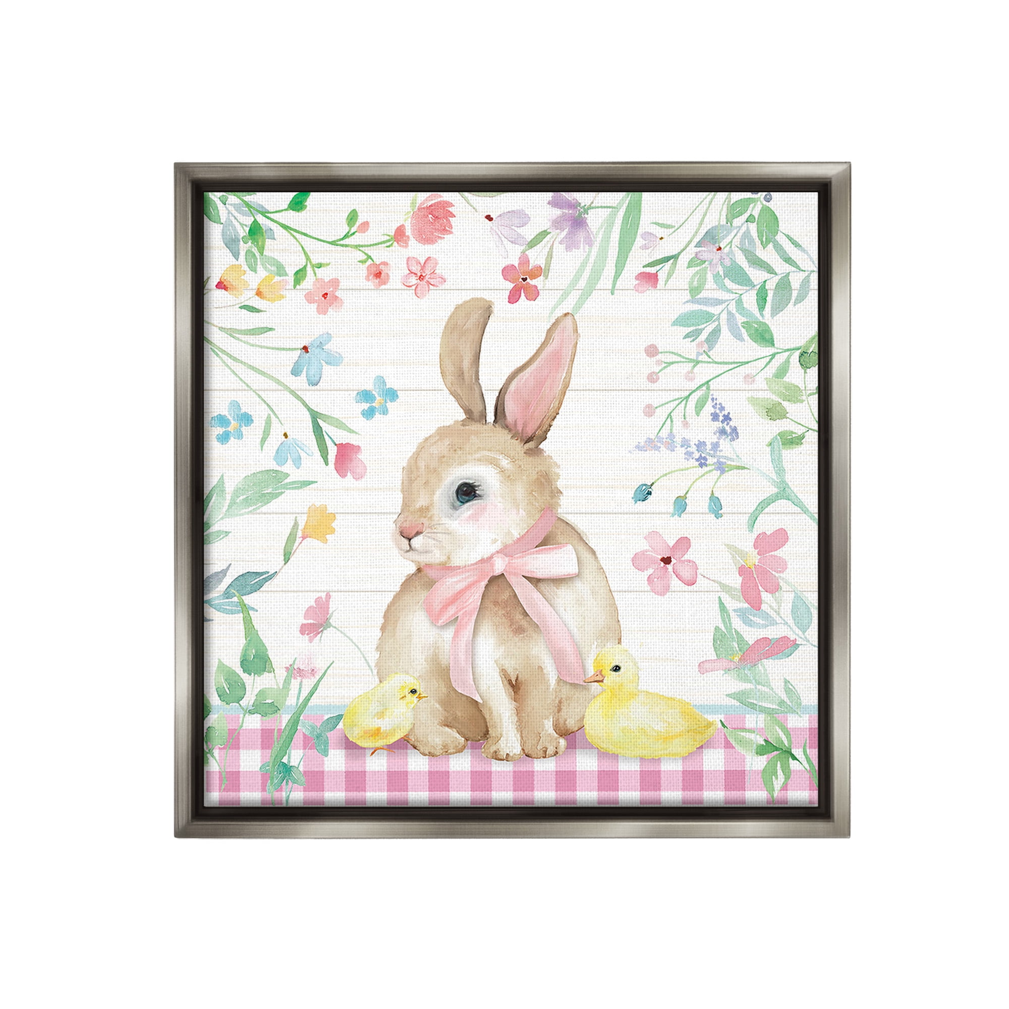 Stupell Industries Easter Bunny & Chicks Holiday Painting Gray Floater Framed Canvas Art Print Wall Art, 18 x 18