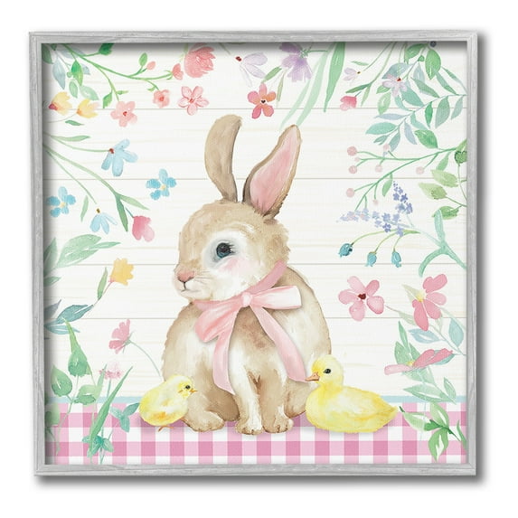 Stupell Industries Easter Bunny & Chicks Holiday Painting Gray Framed Art Print Wall Art, 17 x 17