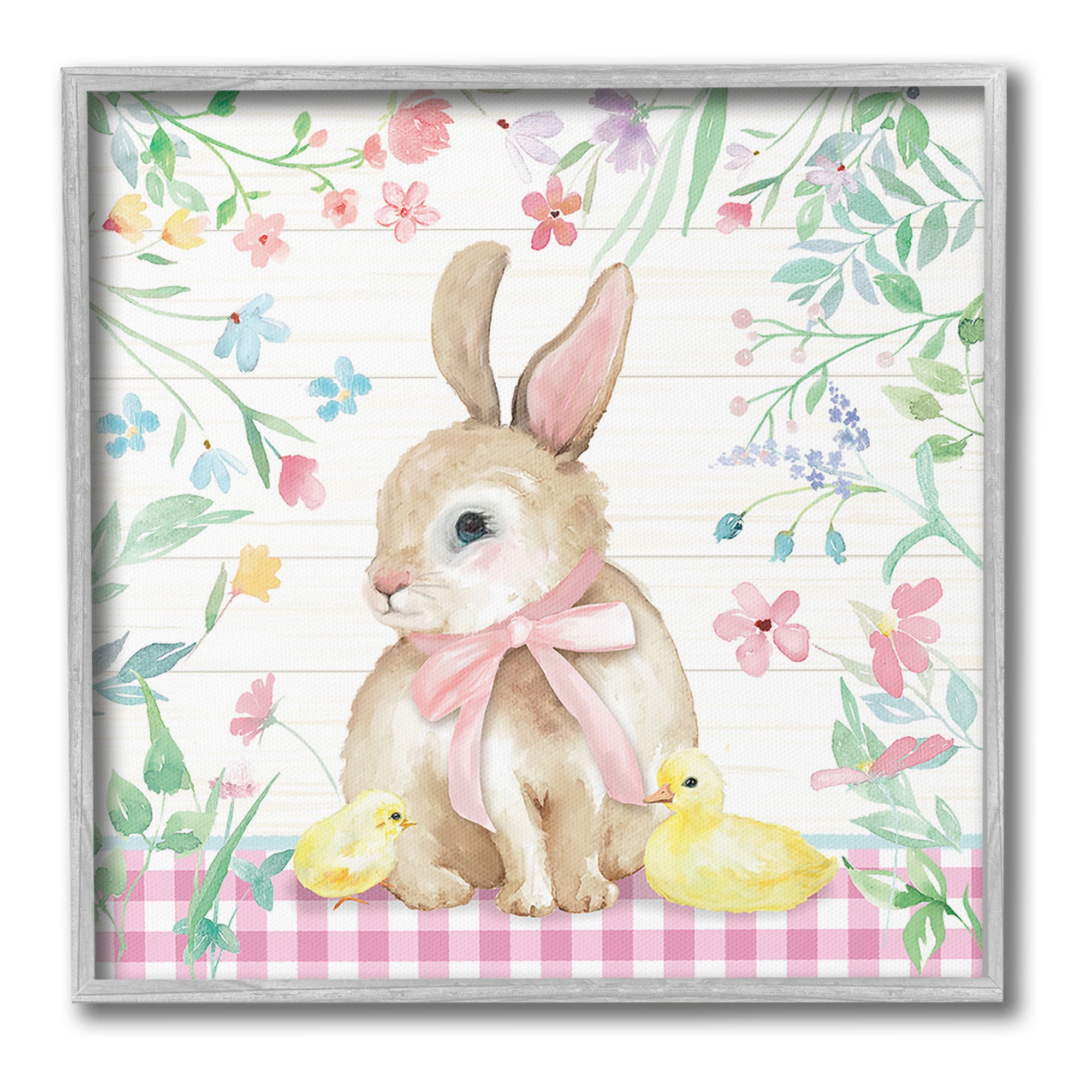 Stupell Industries Easter Bunny & Chicks Holiday Painting Gray Framed Art Print Wall Art, 24 x 24