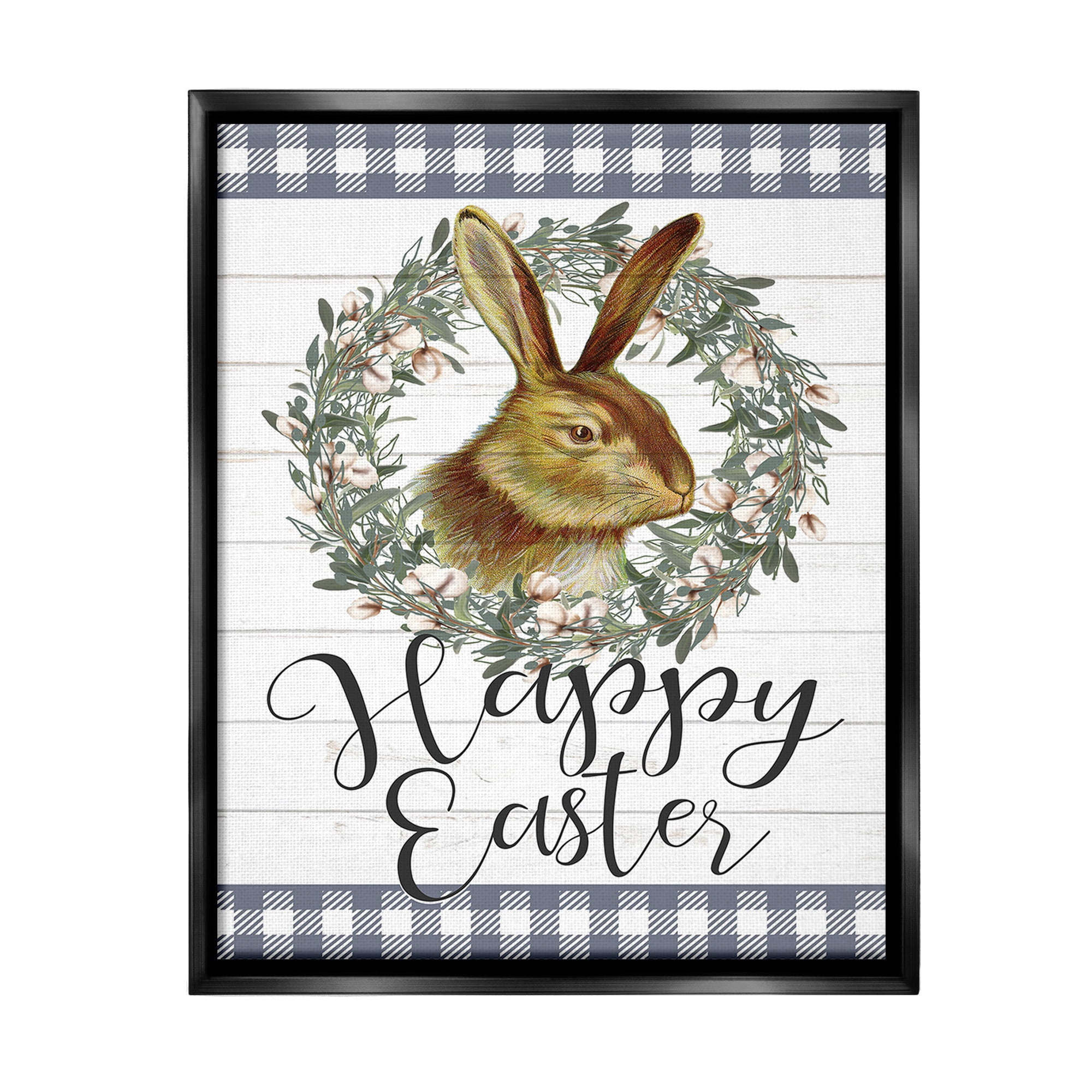 Stupell Industries Easter Bunny Wreath Phrase Holiday Painting Black Floater Framed Canvas Art Print Wall Art, 25 x 31