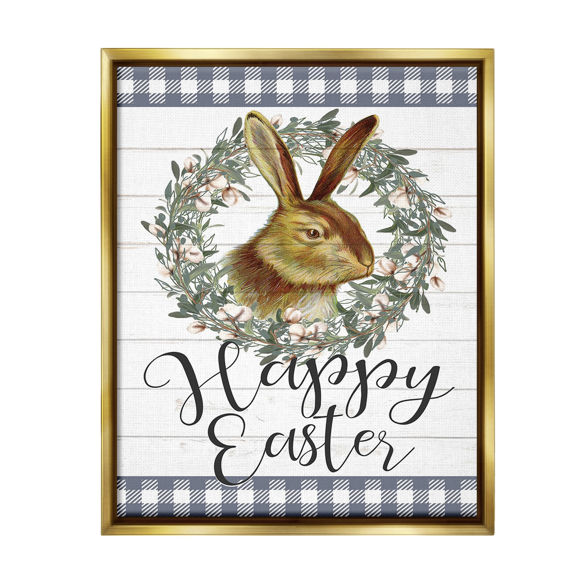 Stupell Industries Easter Bunny Wreath Phrase Holiday Painting Gold Floater Framed Canvas Art Print Wall Art, 17 x 21