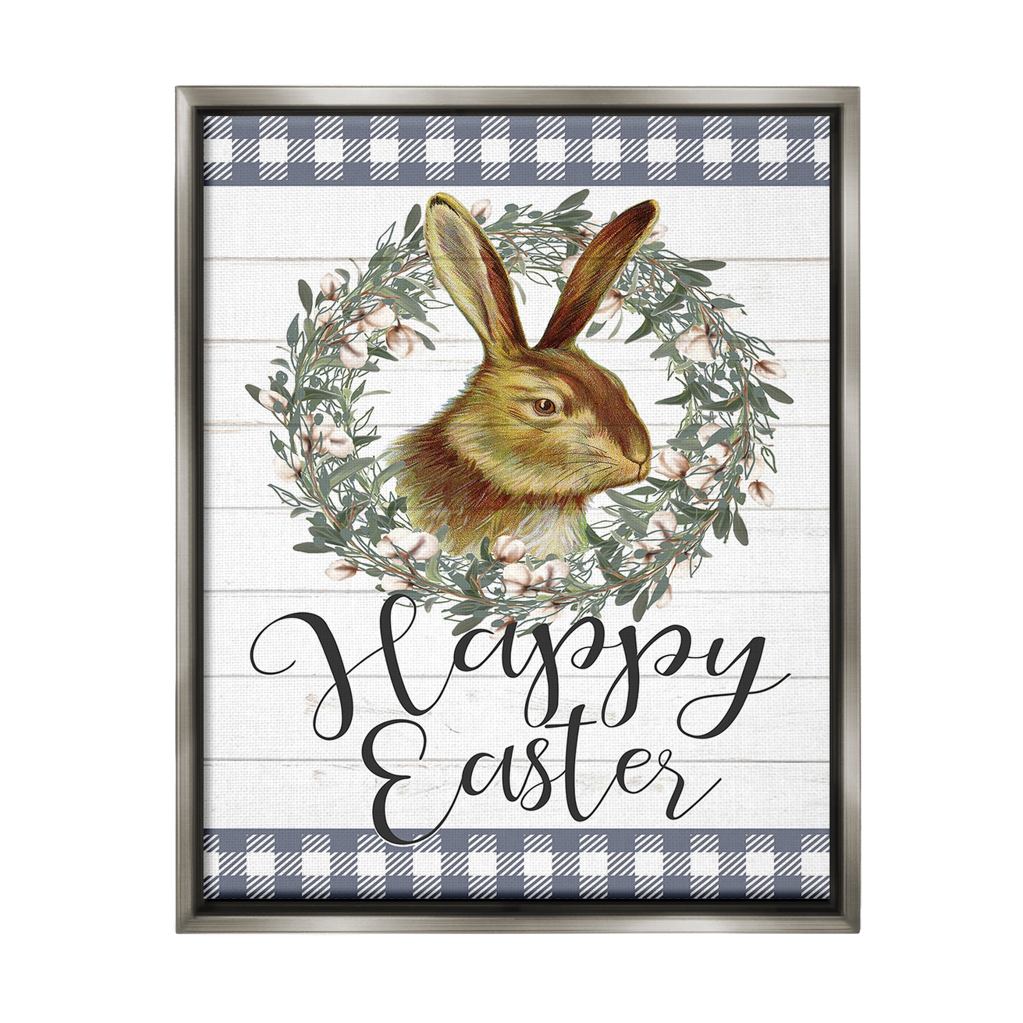 Stupell Industries Easter Bunny Wreath Phrase Holiday Painting Gray Floater Framed Canvas Art Print Wall Art, 25 x 31