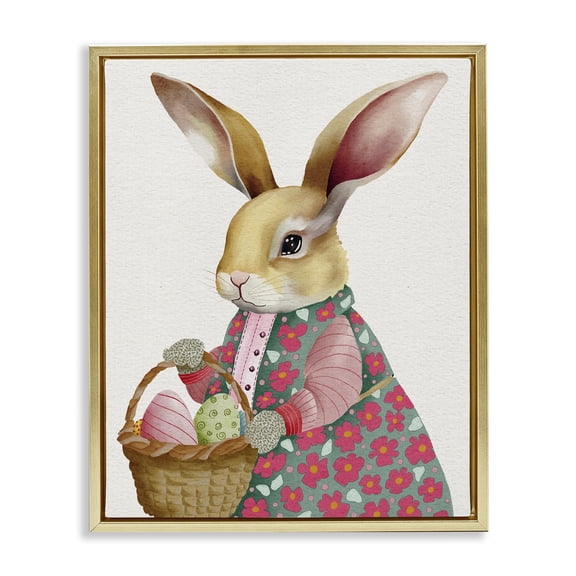 Easter Bunny with Egg Basket Gold Floating Frame Canvas Art, 17 x 21, Made In USA