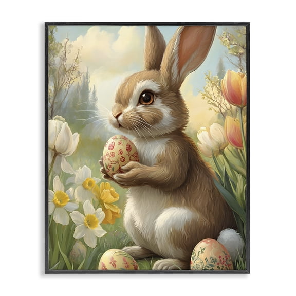 Stupell Industries Easter Bunny with Painted Eggs Animals Painting Black Framed Art Print Wall Art, 24 x 30