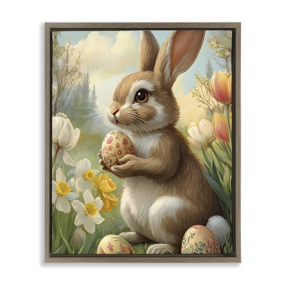 Stupell Industries Easter Bunny with Painted Eggs Animals Painting Brown Floater Framed Canvas Art Print Wall Art, 17 x 21