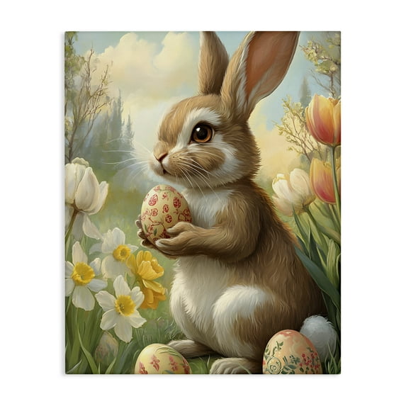 Stupell Industries Easter Bunny with Painted Eggs Animals Painting Wrapped Canvas Canvas Art Print Wall Art, 24 x 30