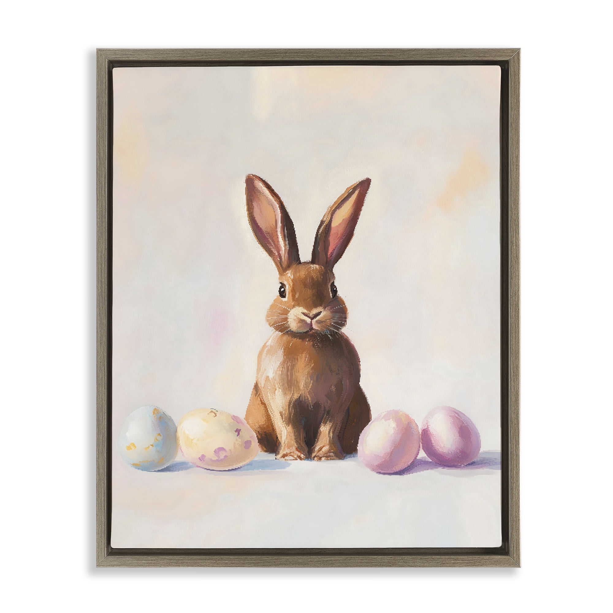 Stupell Industries Easter Bunny with Pastel Eggs Brown Framed Floater Canvas Wall Art, design by The Prints Vibe