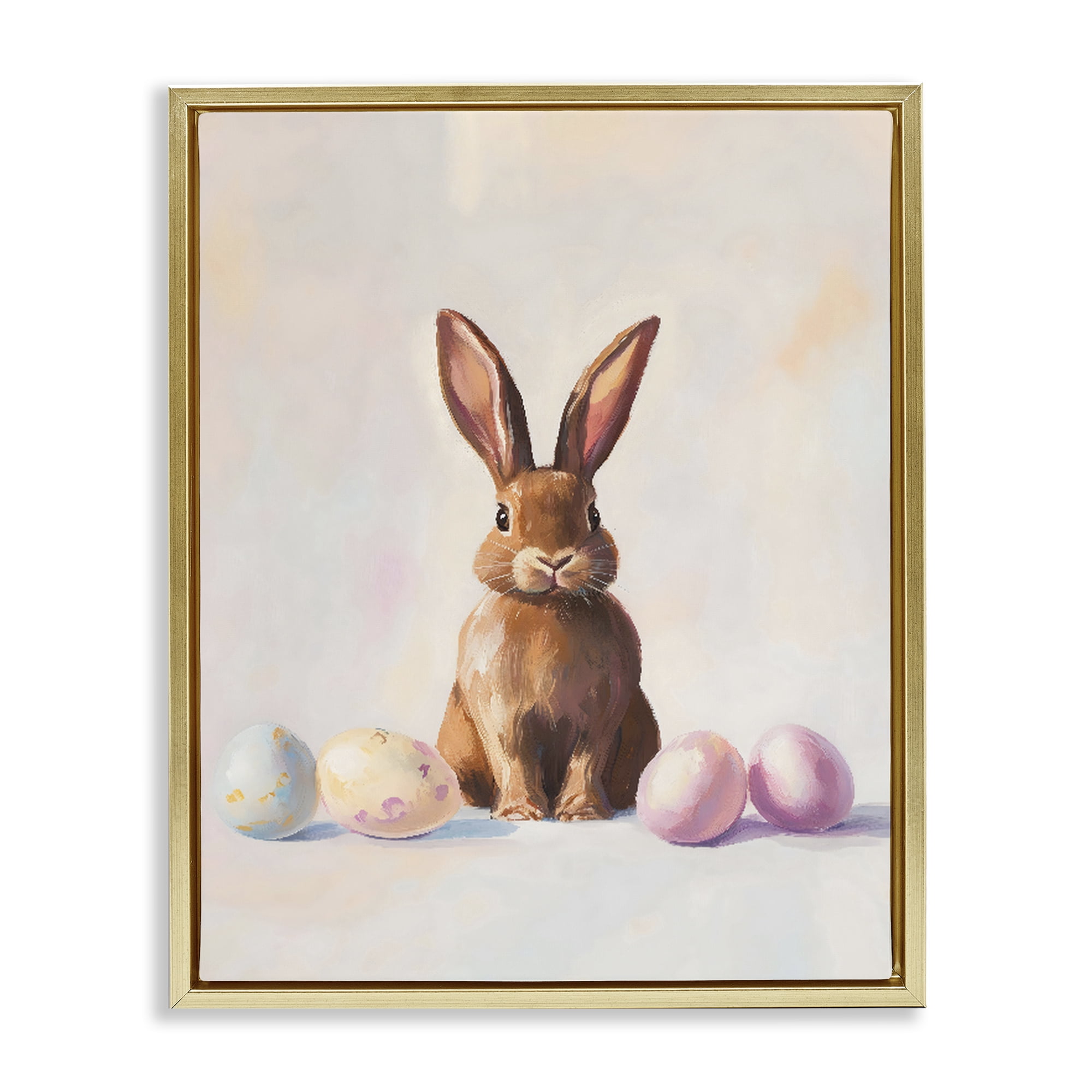 Stupell Industries Easter Bunny with Pastel Eggs Gold Framed Floater Canvas Wall Art, design by The Prints Vibe
