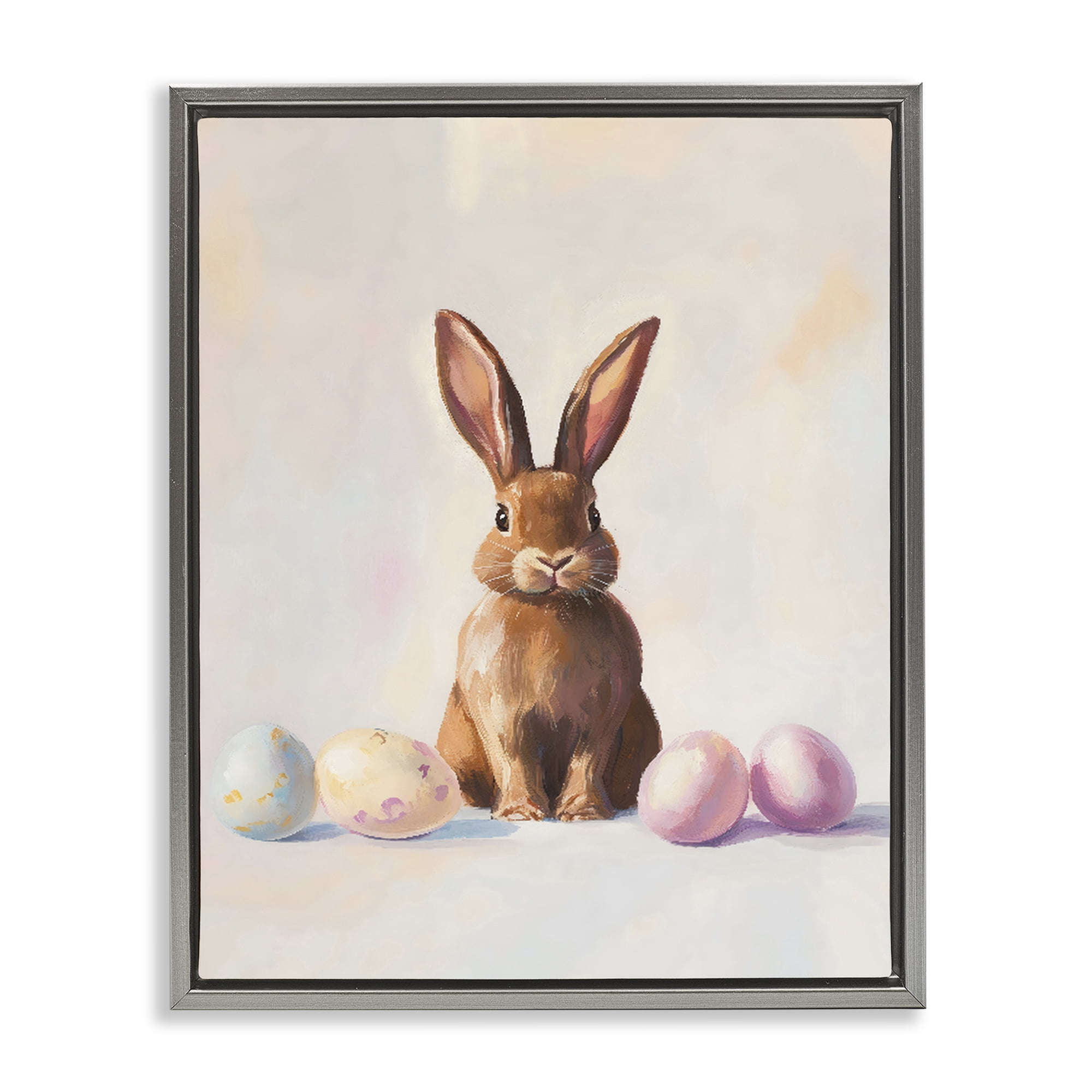 Stupell Industries Easter Bunny with Pastel Eggs Gray Framed Floater Canvas Wall Art, design by The Prints Vibe
