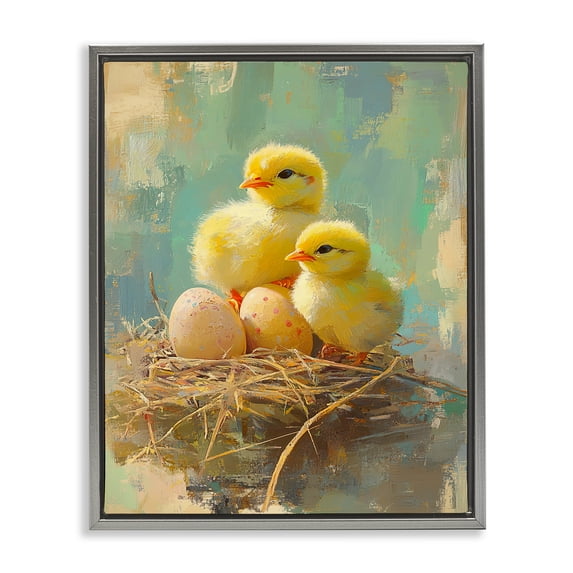 Easter Chicks and Eggs Gray Floating Frame Canvas Art, 25 x 31, Made In USA
