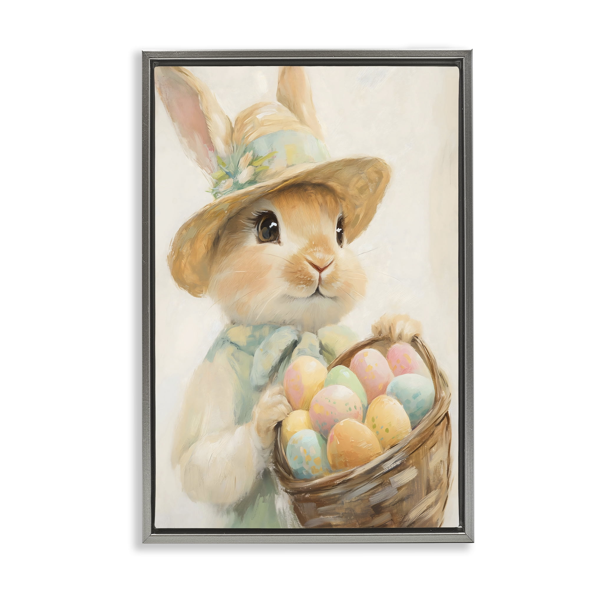 Stupell Industries Easter Egg Basket Rabbit Gray Framed Floater Canvas Wall Art, design by The Prints Vibe