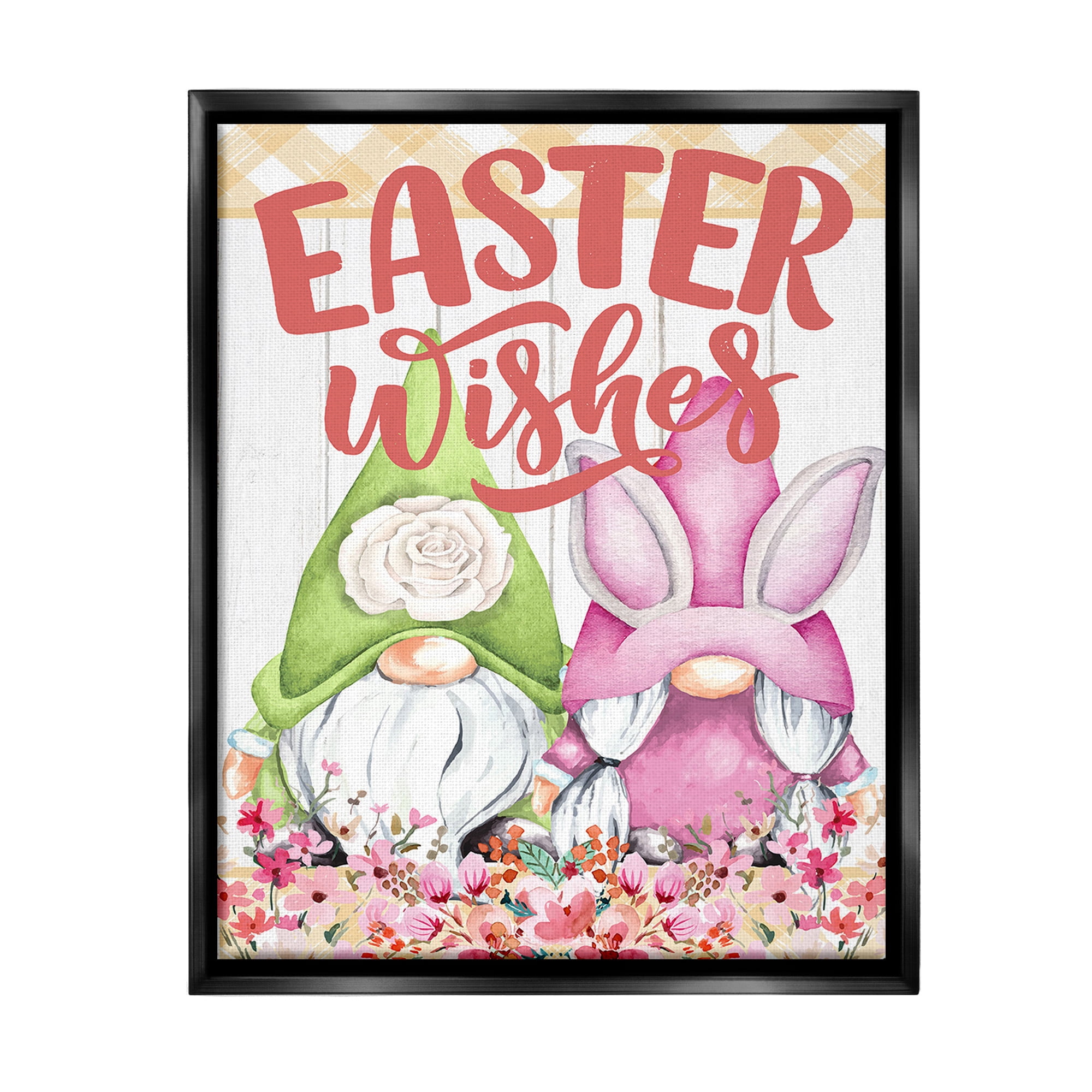 Stupell Industries Easter Wishes Gnomes Holiday Painting Black Floater Framed Canvas Art Print Wall Art, 17 x 21