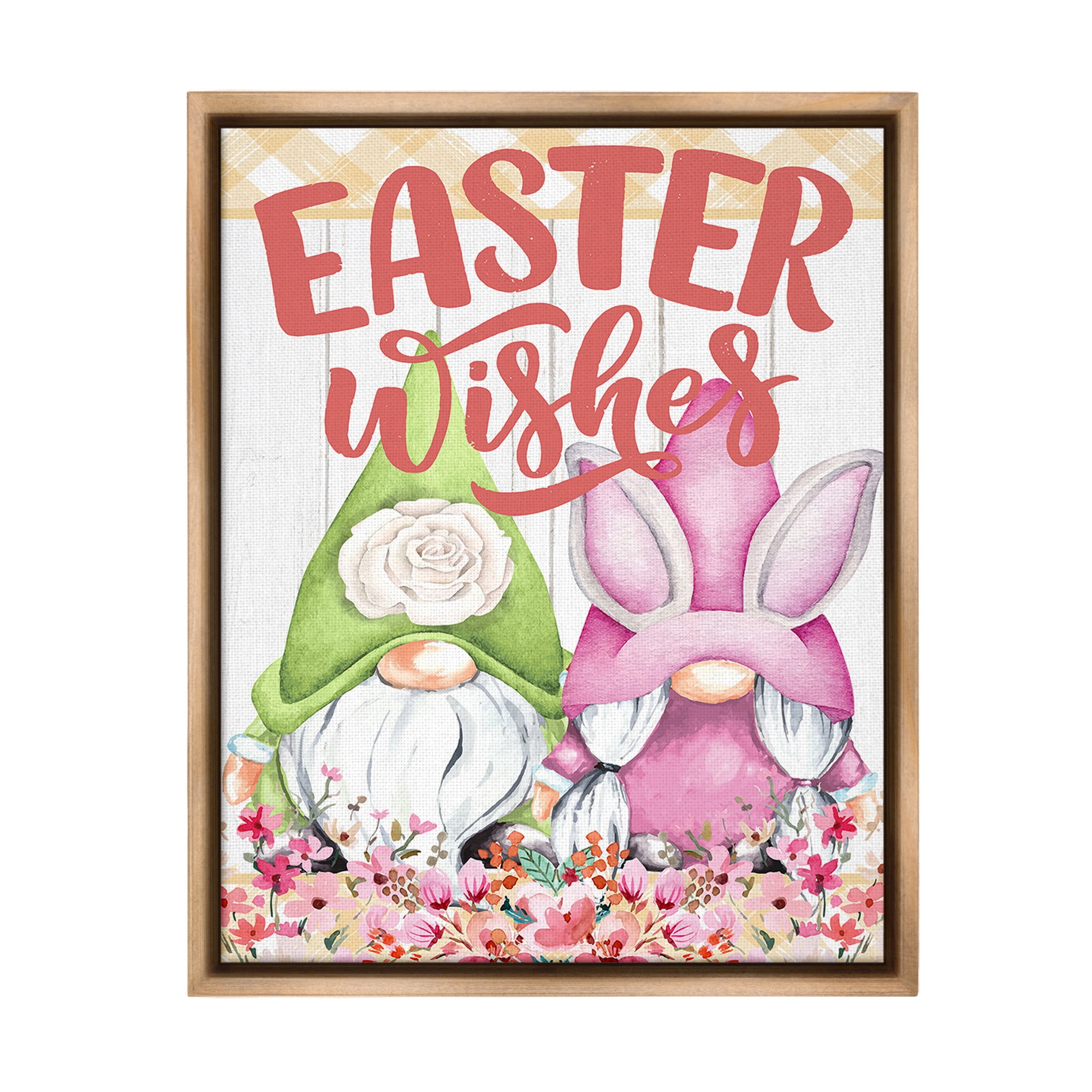Stupell Industries Easter Wishes Gnomes Holiday Painting Brown Floater Framed Canvas Art Print Wall Art, 17 x 21