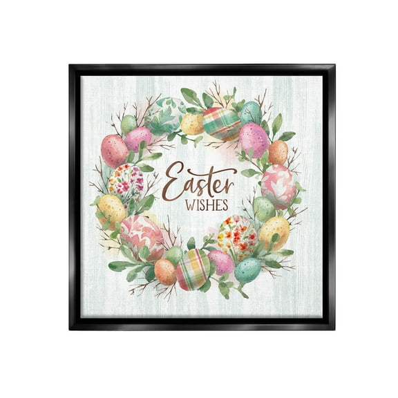 Stupell Industries Easter Wishes Wreath Holiday Painting Black Floater Framed Canvas Art Print Wall Art, 18 x 18