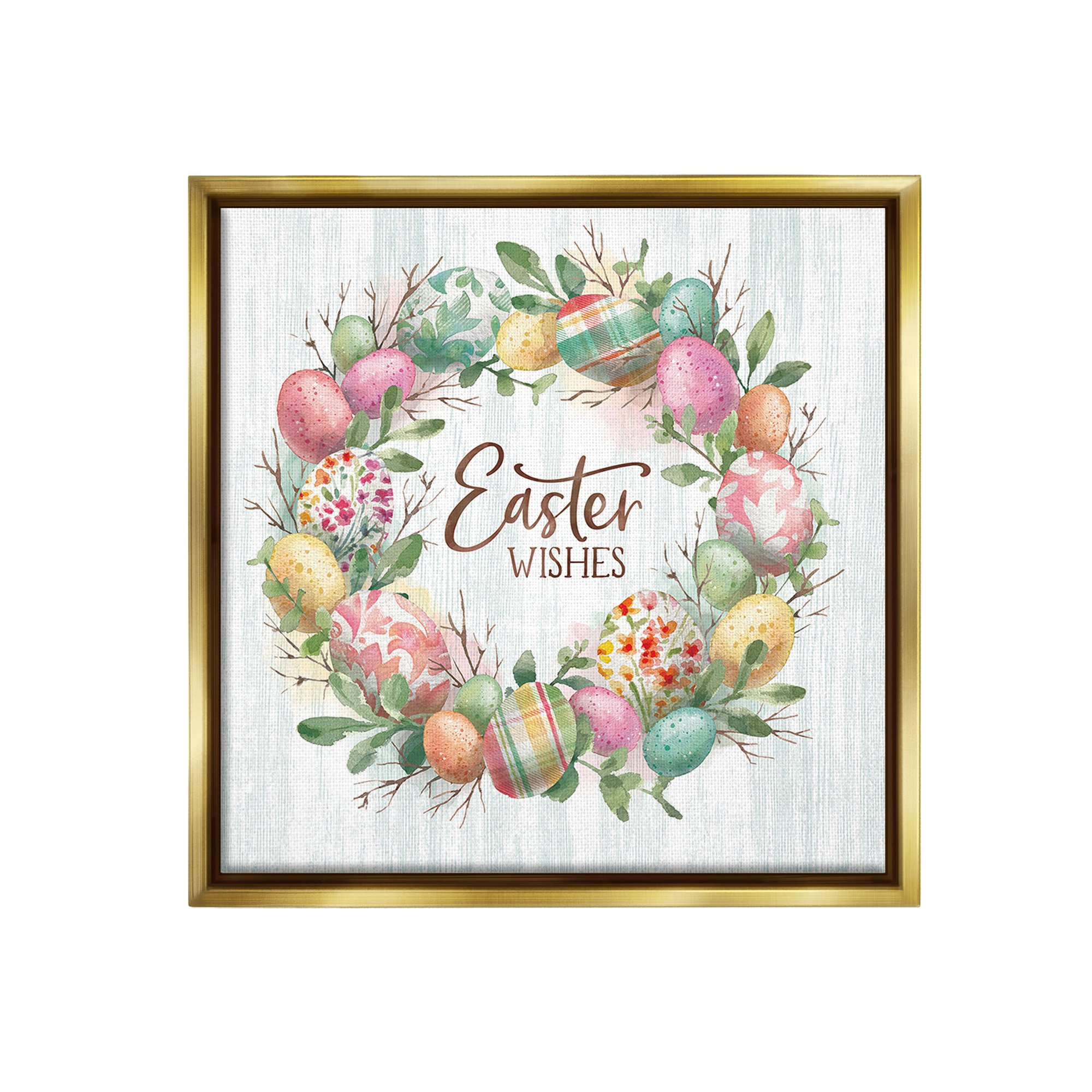 Stupell Industries Easter Wishes Wreath Holiday Painting Gold Floater Framed Canvas Art Print Wall Art, 18 x 18