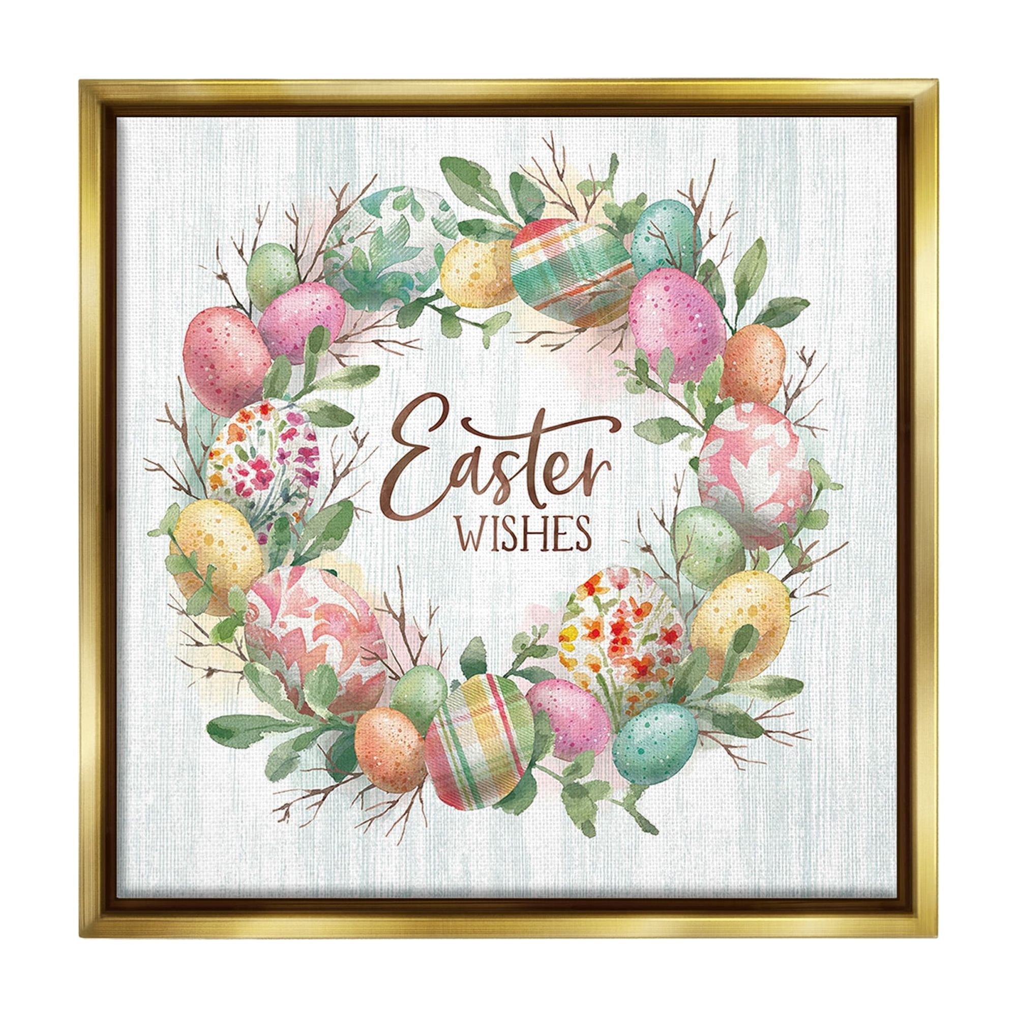 Stupell Industries Easter Wishes Wreath Holiday Painting Gold Floater Framed Canvas Art Print Wall Art, 25 x 25