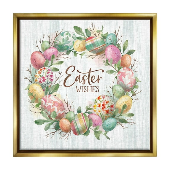 Stupell Industries Easter Wishes Wreath Holiday Painting Gold Floater Framed Canvas Art Print Wall Art, 25 x 25