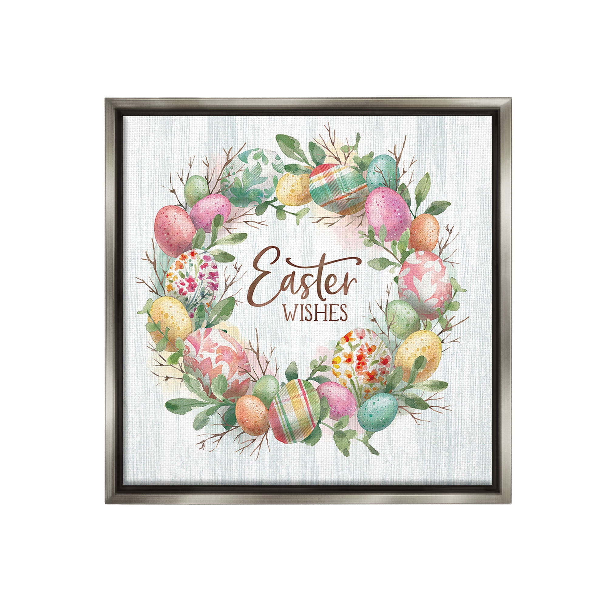 Stupell Industries Easter Wishes Wreath Holiday Painting Gray Floater Framed Canvas Art Print Wall Art, 18 x 18