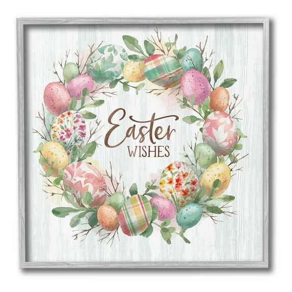 Stupell Industries Easter Wishes Wreath Holiday Painting Gray Framed Art Print Wall Art, 24 x 24