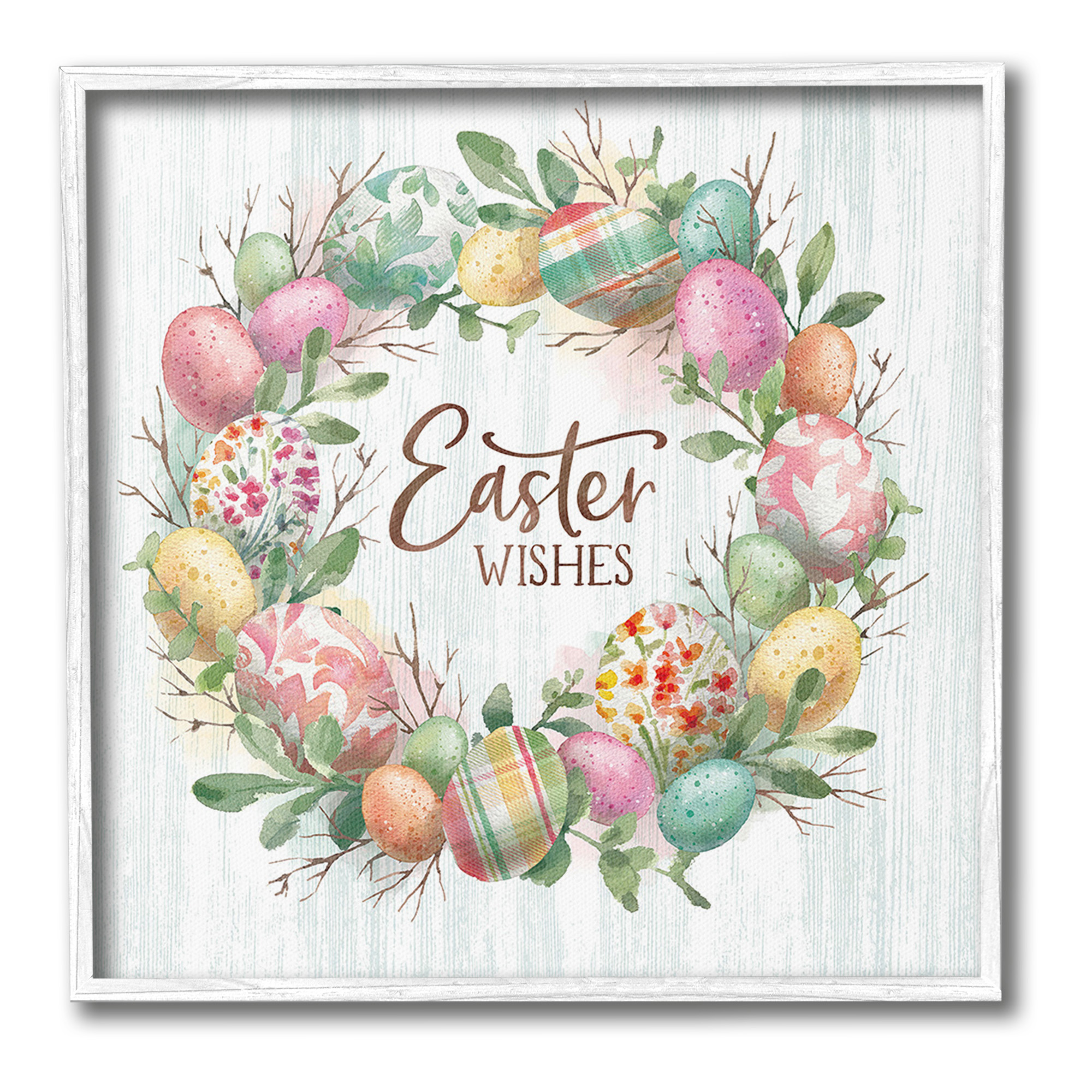 Stupell Industries Easter Wishes Wreath Holiday Painting White Framed Art Print Wall Art, 12 x 12