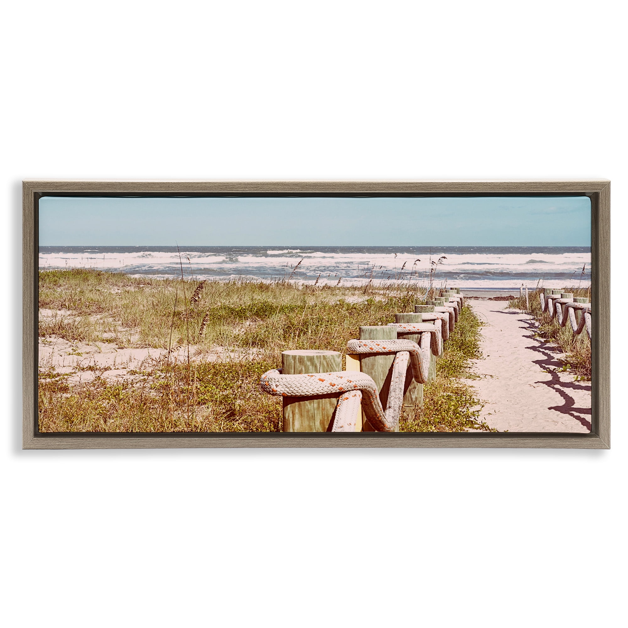 Stupell Industries Eastern Beach Walkway Landscape Photography Brown Floater Framed Canvas Art Print Wall Art, 31 x 14