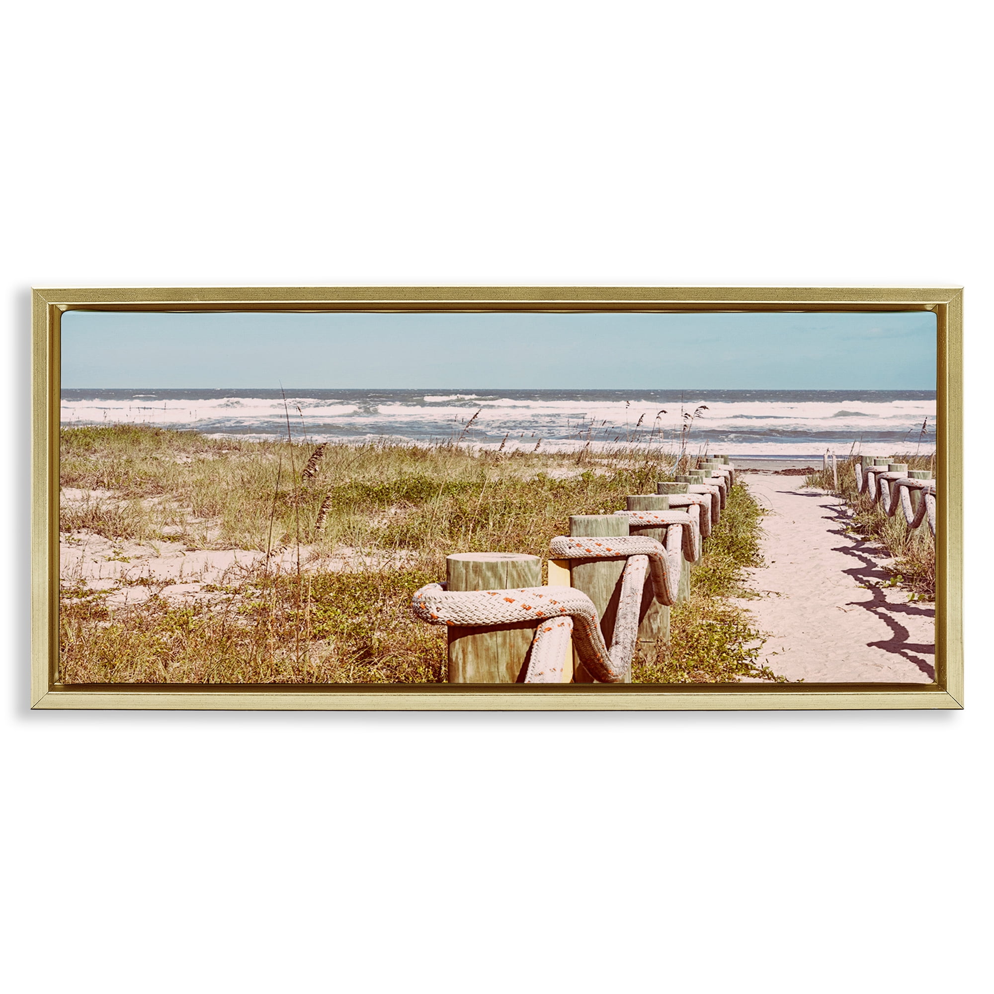 Stupell Industries Eastern Beach Walkway Landscape Photography Gold Floater Framed Canvas Art Print Wall Art, 31 x 14