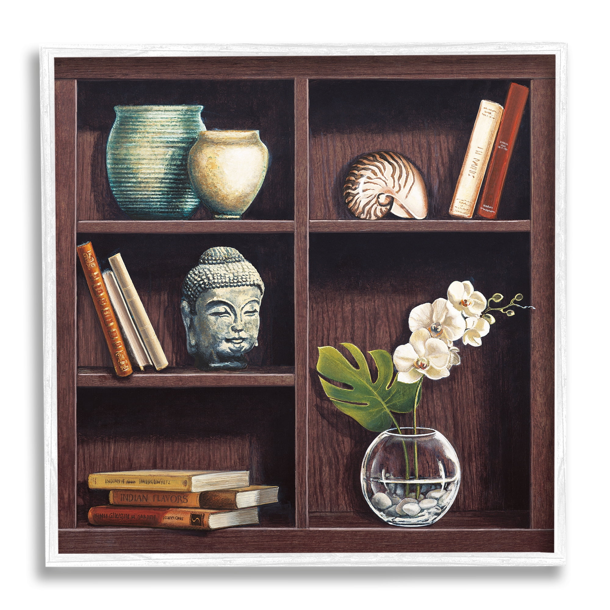 Stupell Industries Eastern Culture Inspired Bookshelf with Floral Vase Still-Life Cabin Painting White Framed Art Print Wall Art, 24 x 24, Design by Isabella Rossetti