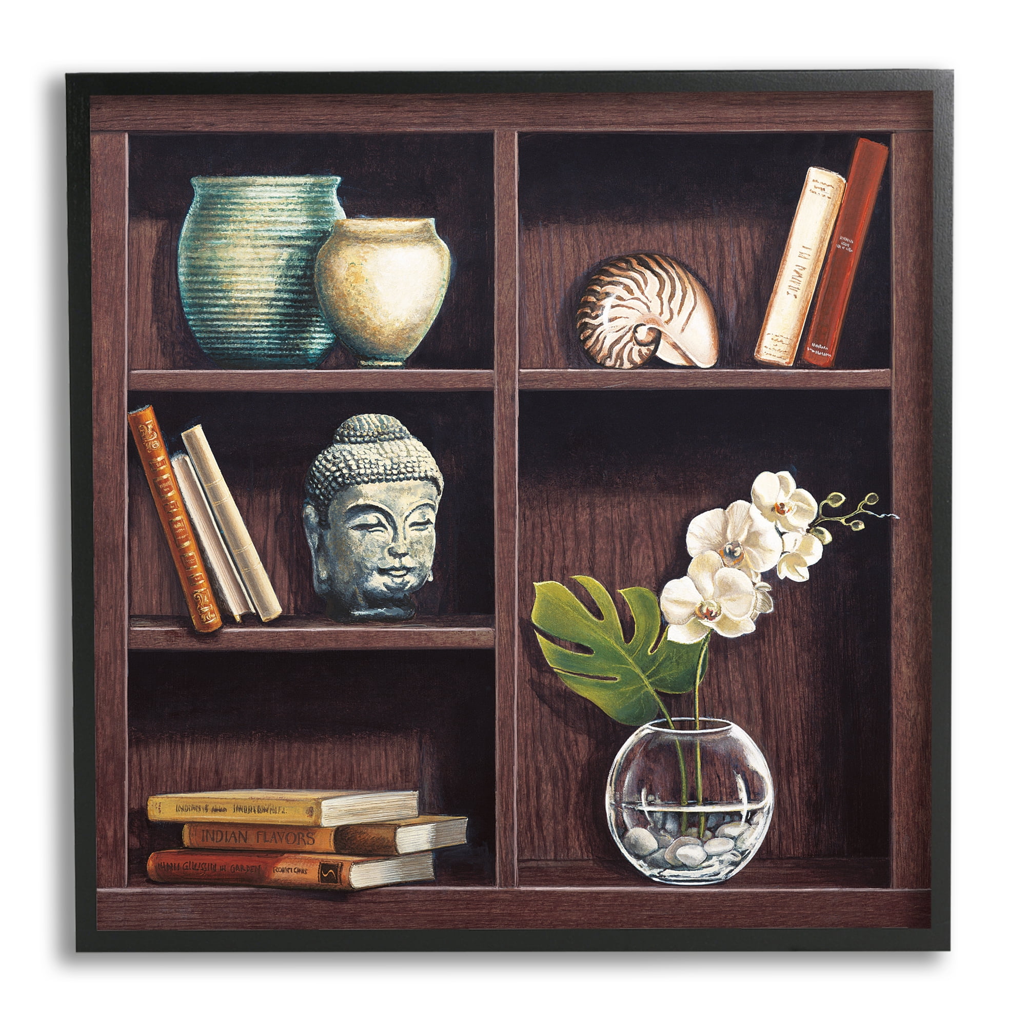 Stupell Industries Eastern Culture Inspired Bookshelf with Floral Vase Still-Life, 24 x 24, Designed by Isabella Rossetti