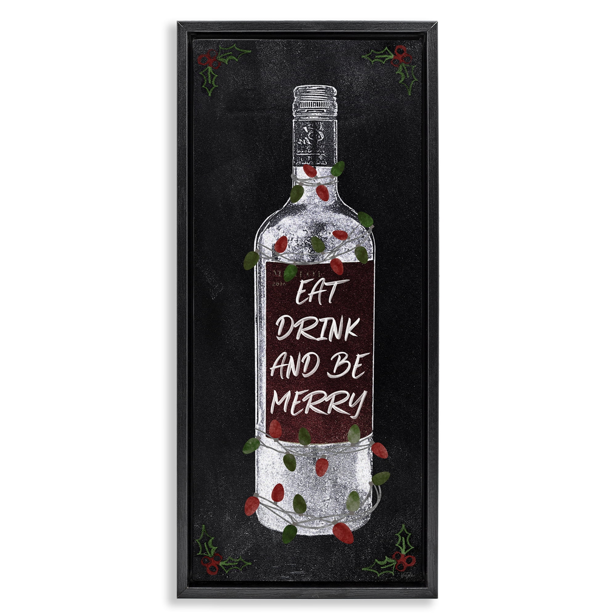 Stupell Industries Eat Drink Be Merry Holiday Painting Black Floater Framed Canvas Art Prints Wall Art, 15 x 31