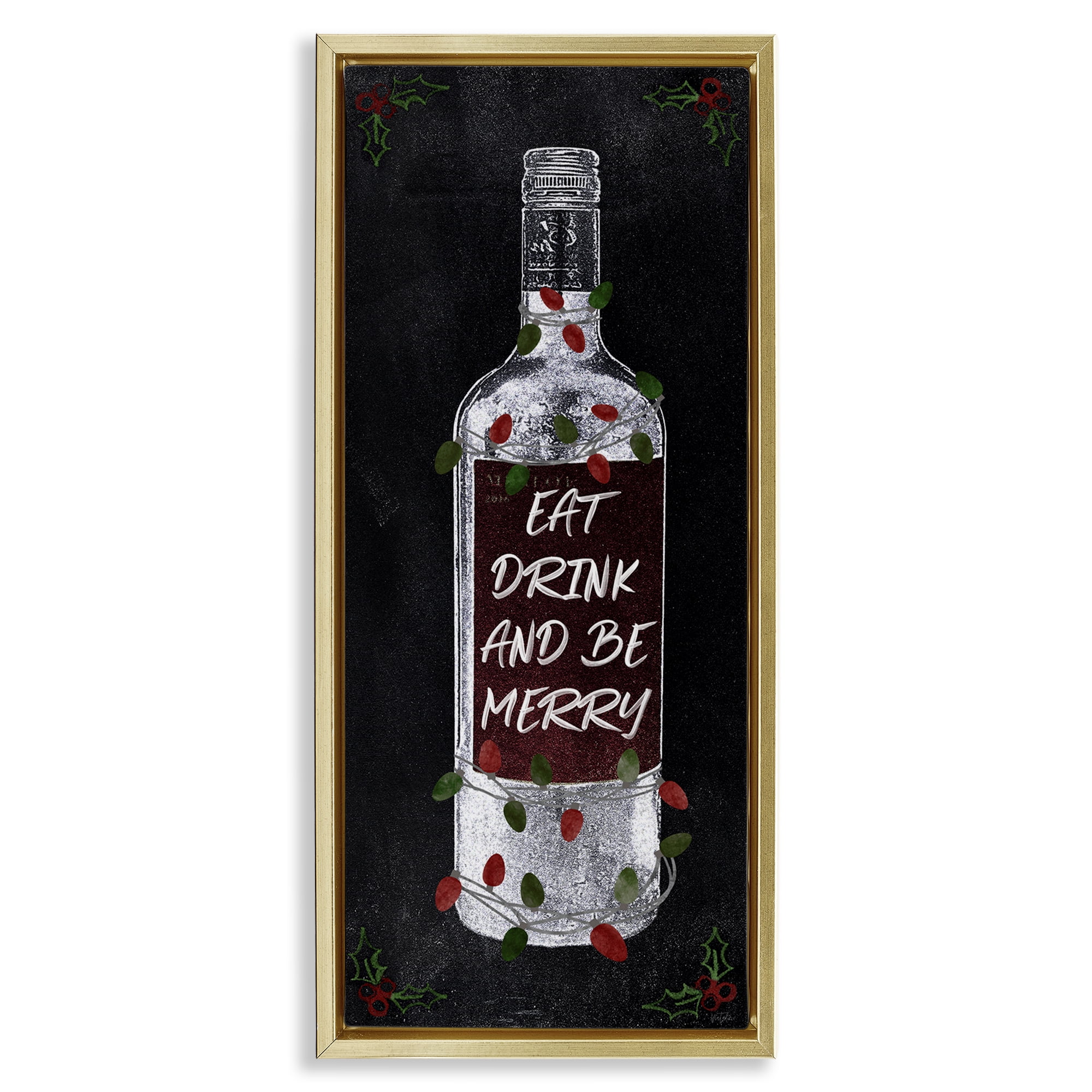 Stupell Industries Eat Drink Be Merry Holiday Painting Gold Floater Framed Canvas Art Prints Wall Art, 11 x 25