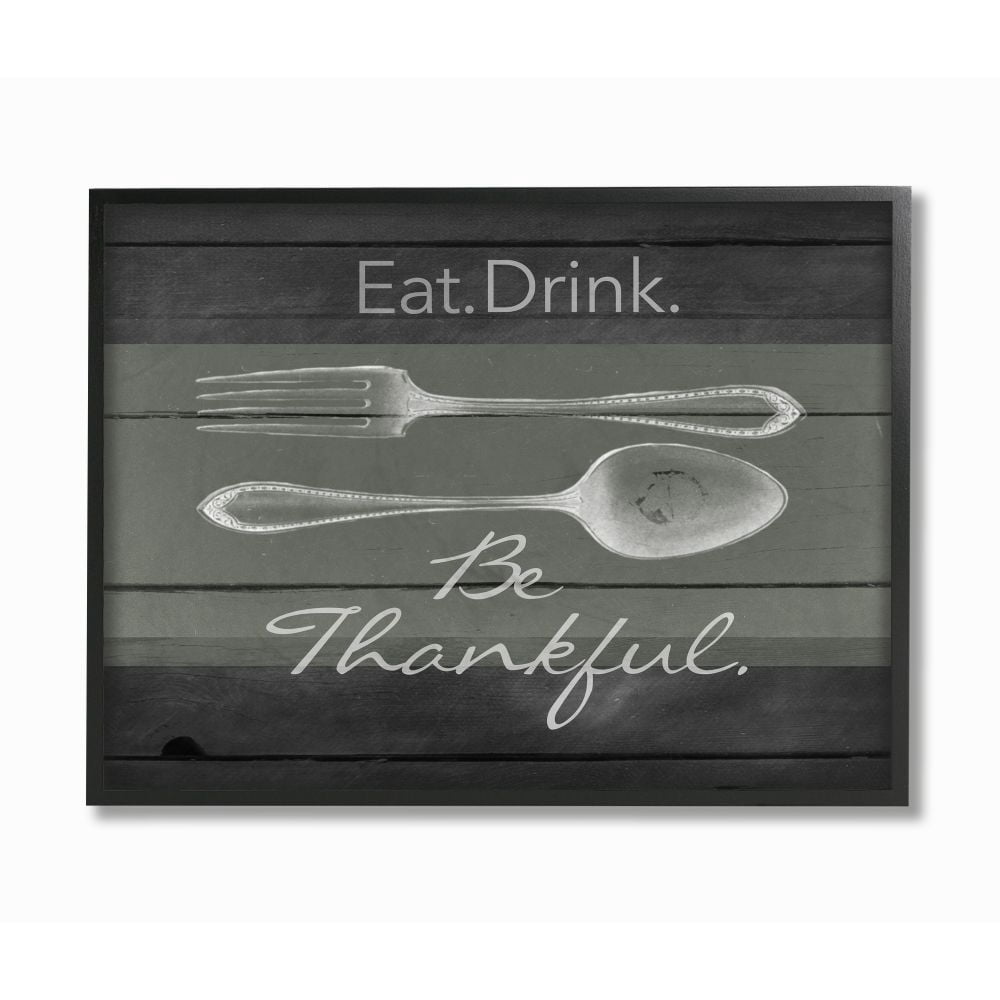 Stupell Industries Eat Drink Be Thankful Silverware Kitchen Wood Texture Word Design Graphic Art Black Framed Art Print Wall Art, 16x20, by The Saturday Evening Post