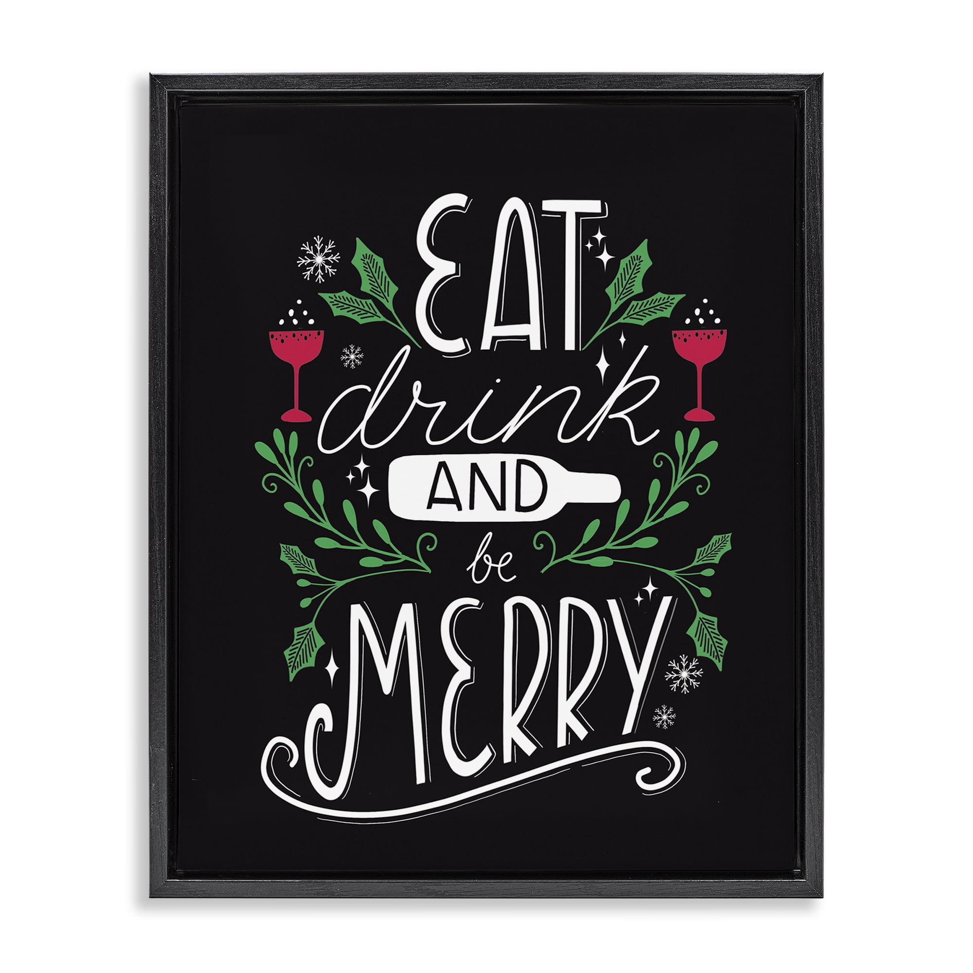 Stupell Industries Eat Drink and Merry Xmas Holiday Painting Black Floater Framed Canvas Art Prints Wall Art, 17 x 21