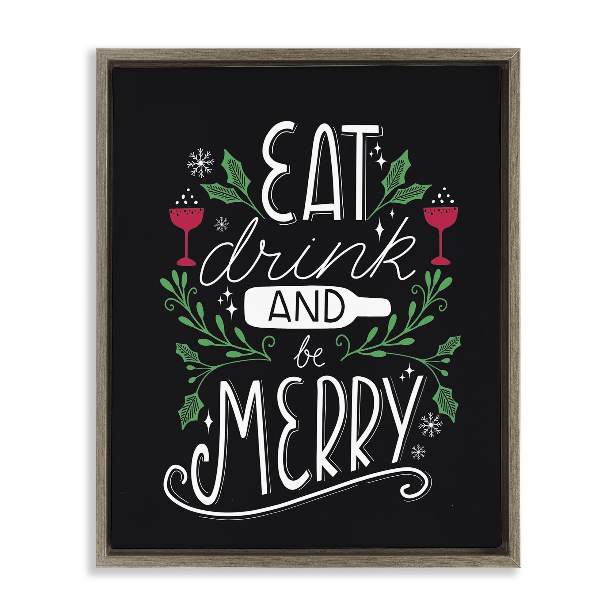 Stupell Industries Eat Drink and Merry Xmas Holiday Painting Brown Floater Framed Canvas Art Prints Wall Art, 17 x 21