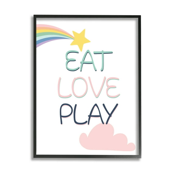 Stupell Industries Eat Love Play Phrase Shooting Star Rainbow Sky Inspirational Painting Black Framed Art Print Wall Art, 11 x 14