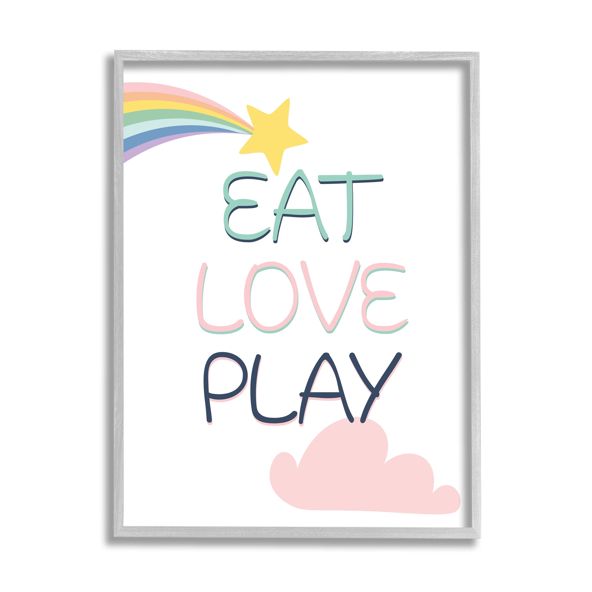 Stupell Industries Eat Love Play Phrase Shooting Star Rainbow Sky Inspirational Painting Gray Framed Art Print Wall Art, 11 x 14