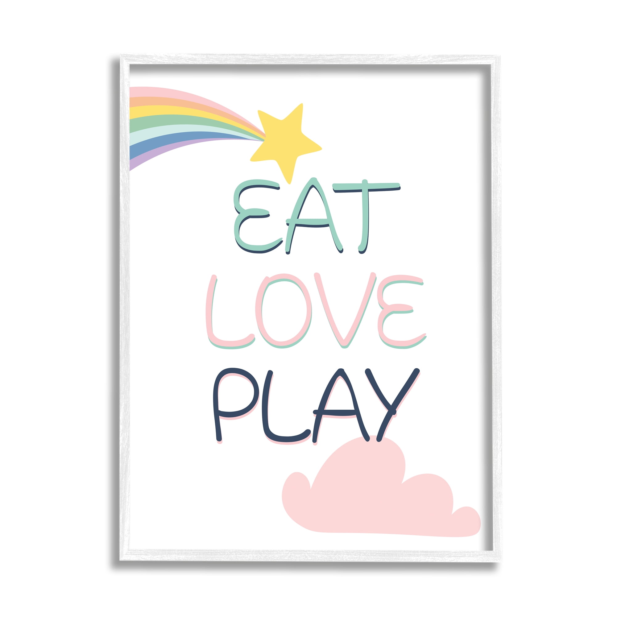 Stupell Industries Eat Love Play Phrase Shooting Star Rainbow Sky Kids Painting White framed Art Print Wall Art, 11 x 14, Design by Kim Allen