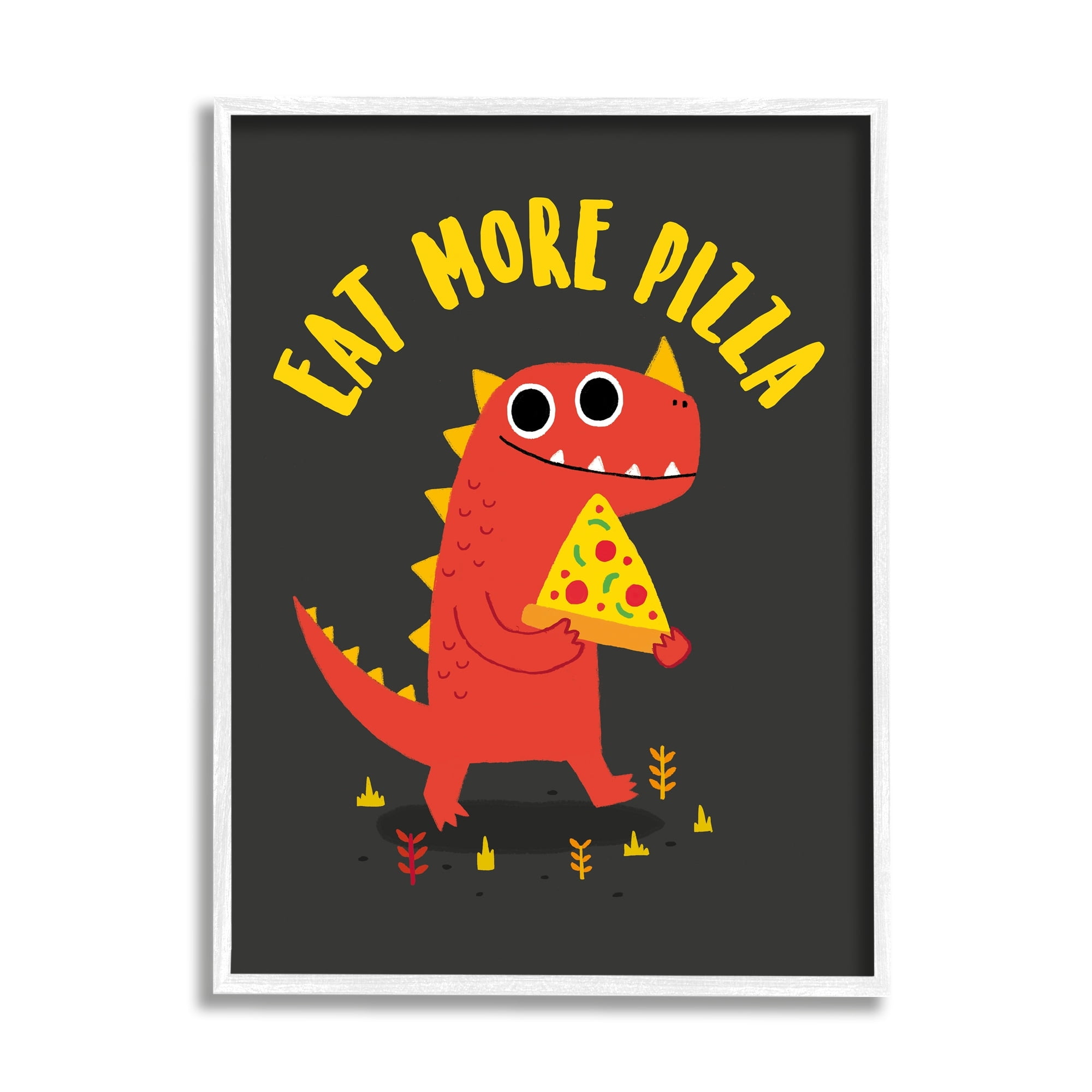 Stupell Industries Eat More Pizza Red Dragon Dinosaur Text Cartoon Framed Wall Art, 16 x 20, Design by Michael Buxton
