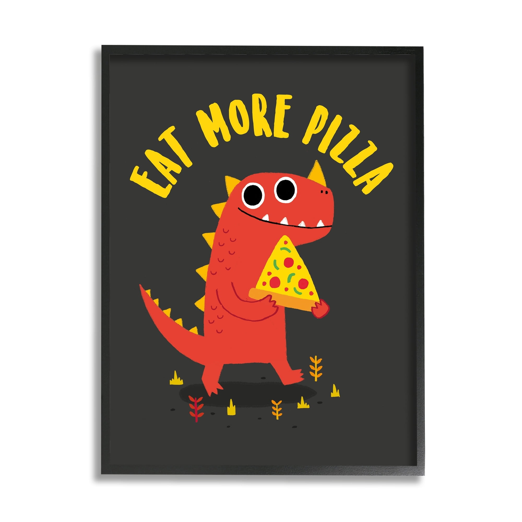 Stupell Industries Eat More Pizza Red Dragon Dinosaur Text Cartoon Framed Wall Art, 16 x 20, Design by Michael Buxton
