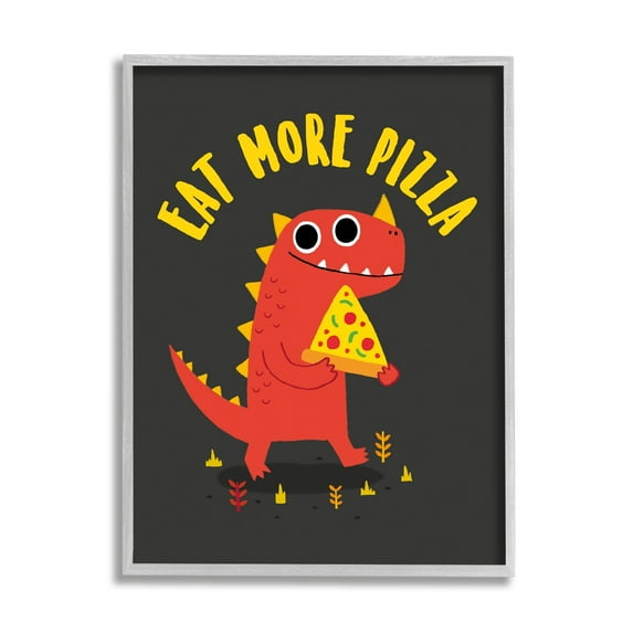 Stupell Industries Eat More Pizza Red Dragon Dinosaur Text Cartoon Framed Wall Art, 16 x 20, Design by Michael Buxton