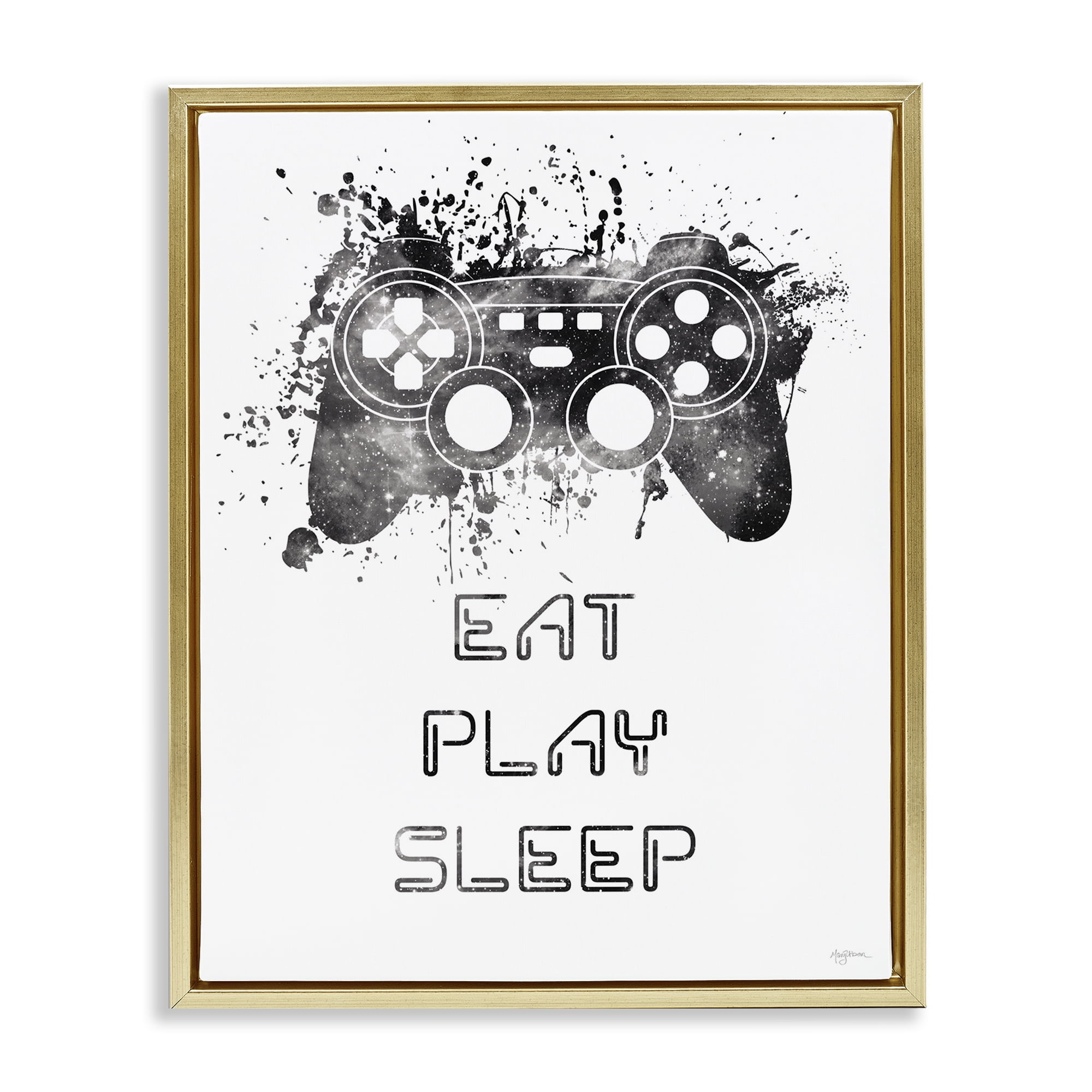 Stupell Industries Eat Play Sleep Gaming Typography Painting Gold Floater Framed Art Print Wall Art, 17 x 21